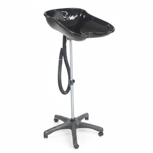 Black shallow salon portable basin on a stand with a hose on a white background